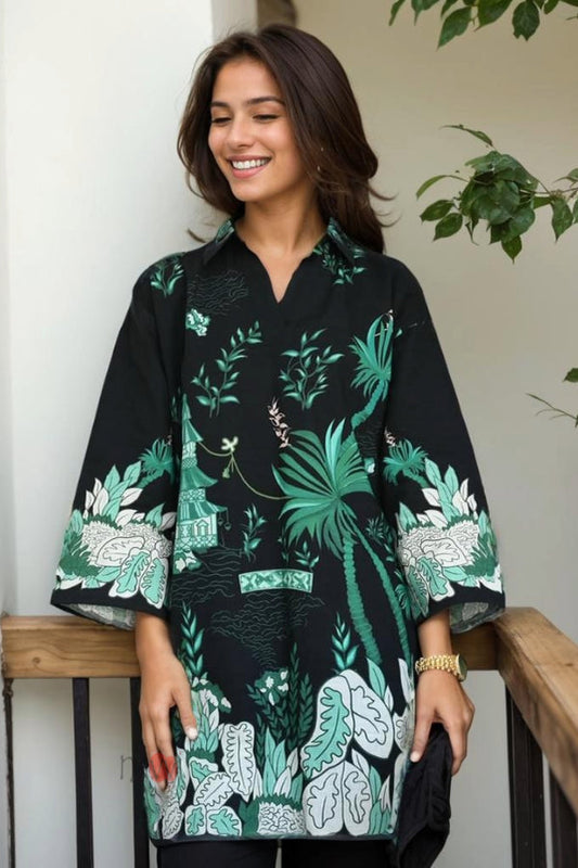 V Neck Black with Green Palm Leaves Co-Ord Set