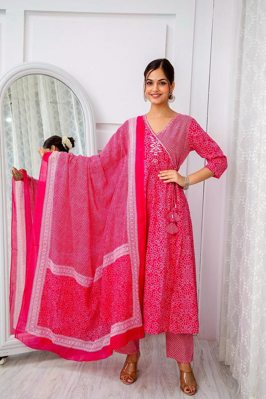 Vibrant Blossoms Bandhej- Leheriya Angrakha Suit Sets