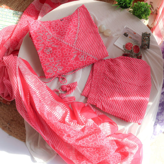 Vibrant Blossoms Bandhej- Leheriya Angrakha Suit Sets